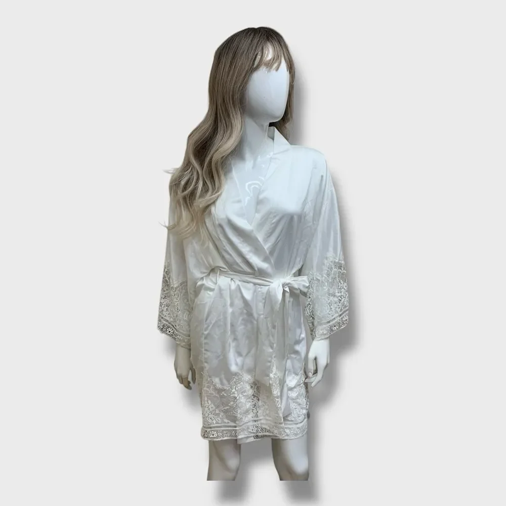 Flora Nikrooz Negligee Robe Womens White Satin Lace Trim Fairycore‎ Sz S
